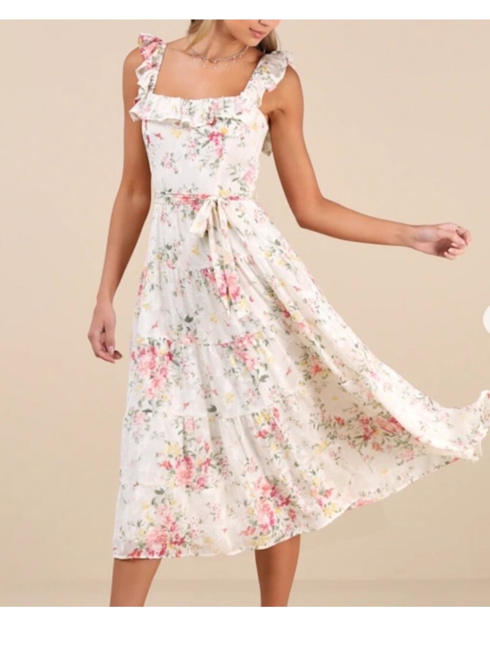 Shela Ivory Floral Jacquard Tiered Midi Dress Lulus